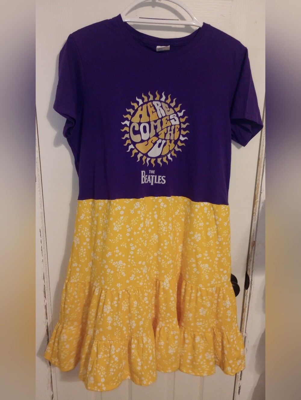 Purple and Yellow Midi Dress with Graphic Sun and Floral Tiered Skirt